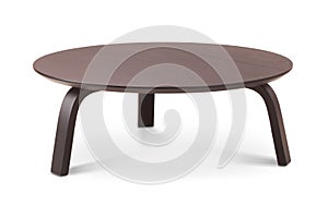 Dark brown wooden round coffee table, dinning table, magazines table. Modern designer, table isolated on white background. Series