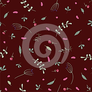 Dark burgundy floral background. Branches with leaves, pink buds in a naive style on a square background.