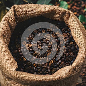 Dark burlap sack holding freshly harvested coffee beans