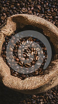 Dark burlap sack holding freshly harvested coffee beans