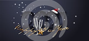 Dark card Happy 2021 new year greetig card in paper style for your seasonal holidays flyers, christmas themed congratulations,