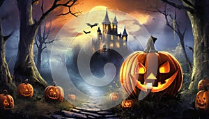 a dark castle in a dark forest with a halloween pumpkin as a lantern