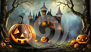 a dark castle in a dark forest with a halloween pumpkin as a lantern