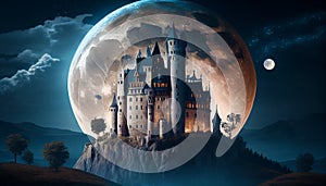 Dark castle in fantasy style. Halloween. AI generative content.