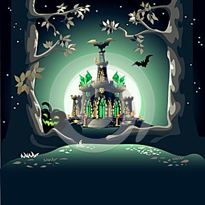 Dark castle in a magical forest with tall trees