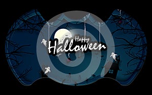 Dark castle, White ghosts and old trees with Halloween text in bat shape