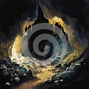 Dark Cave in Golds and Blacks Background watercolor