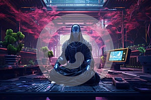 A dark character meditating in a room with different plants