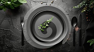 Dark checklist mockup on plate with cutlery, top view, isolated, 3D rendering. Black deluxe dishware with knife and fork