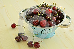 Dark cherries in vintage colander