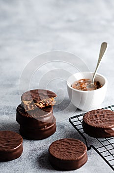 Dark chocolate alfajores with dulce de leche