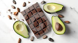 Dark chocolate bar with avocado halves and cocoa beans on a marble surface