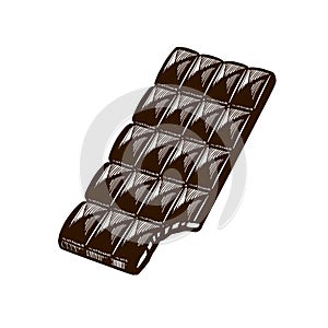 A dark chocolate bar, a bitten off dark chocolate bar, an icon with a chocolate bar on a white background. Decorative