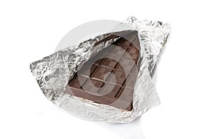Dark chocolate bar inside tin foil