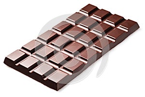 Dark chocolate bar isolated on white background. Sweet food is made of cocoa butter, solids and sugar