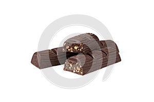 Dark chocolate bar with peanut isolated on white