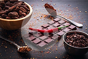 Dark chocolate bar, red hot chilli pepper cayenne, dry hot chili spices, cocoa beans nibs powder, food tasty design on black