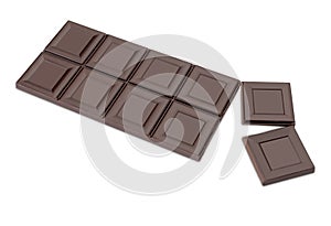 Dark chocolate bar with two broken squares isolated