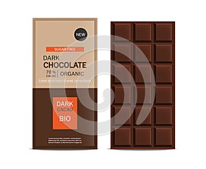 Dark chocolate bar vector realistic. Product placement design package mock up. Delicious pieces of chocolate. Template