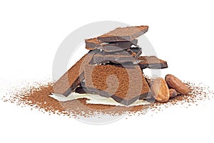 Dark chocolate bars, cacao beans and cacao powder isolated on white background