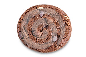 Dark chocolate brownie cookies with chocolate slices on a white isolated background