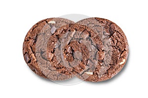 Dark chocolate brownie cookies with chocolate slices on a white isolated background