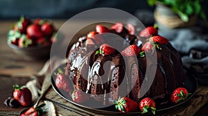 Dark Chocolate Bundt Cake with Ganache Icing and Strawberry