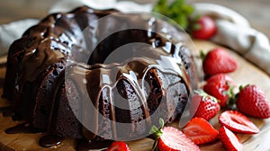 Dark Chocolate Bundt Cake with Ganache Icing and Strawberry