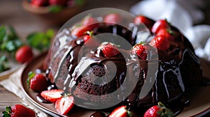 Dark Chocolate Bundt Cake with Ganache Icing and Strawberry