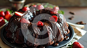 Dark Chocolate Bundt Cake with Ganache Icing and Strawberry