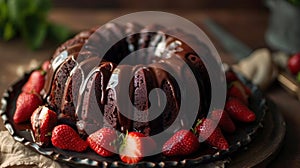 Dark Chocolate Bundt Cake with Ganache Icing and Strawberry