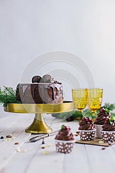 Dark chocolate cake with cookies and cupcakes berries on white wooden background