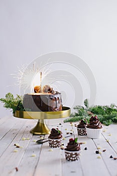 Dark chocolate cake with sparklers and cupcakes berries on white wooden background