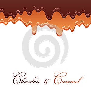 Dark chocolate, caramel seamless pattern. Drip chocolate isolated white background. Sweet melting sauce food. Dripping