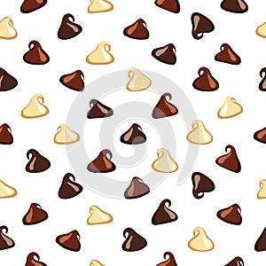 Dark chocolate chip,mlik chocolate chip and white chocolate chip on white background.Chocolate chip background.