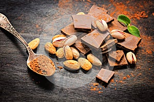 Dark chocolate and cocoa with nuts