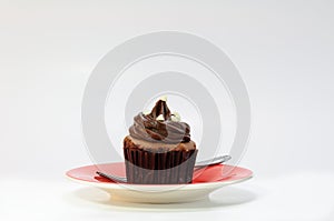 Dark chocolate cupcake on red dish