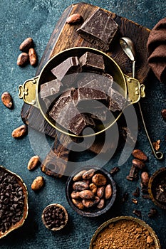 Dark chocolate pieces crushed and cocoa beans