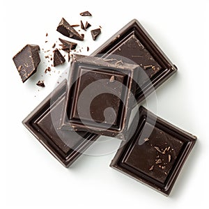 Dark chocolate pieces isolated, Top view