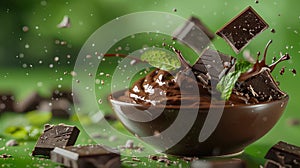 Dark Chocolate Pieces Splashing into a Bowl of Melted Chocolate with Fresh Mint Leaves on Green Background