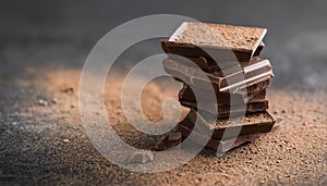 Dark chocolate stack, chips and powder