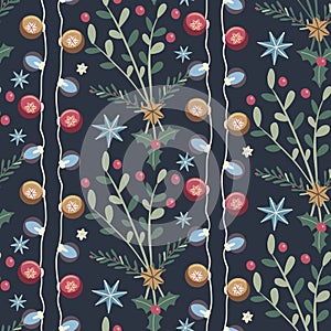 Dark Christmas seamless pattern with lights and plants