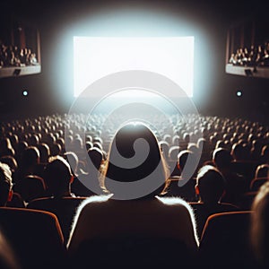 Dark cinema with audience waiting in anticipation, with black white screen