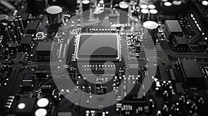 Dark circuit board with illuminated microchip and conducting pathways