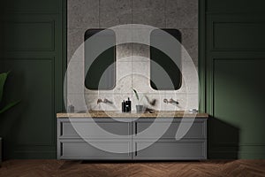 Dark classic bathroom interior with double sink and bathing accessories