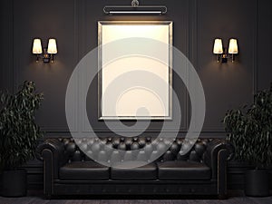 Dark classic interior with sofa and picture frame on wall. 3d rendering photo