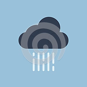 Dark cloud with vertical rain isolated on solid blue background. Weather icon