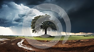 Dark clouds gather on horizon signaling approaching tornado over serene landscape