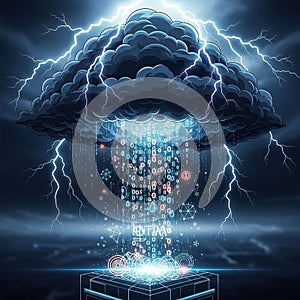 The imagery suggests themes of cloud computing and digital data exchange