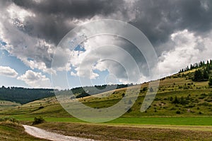 Dark clouds over the forest road